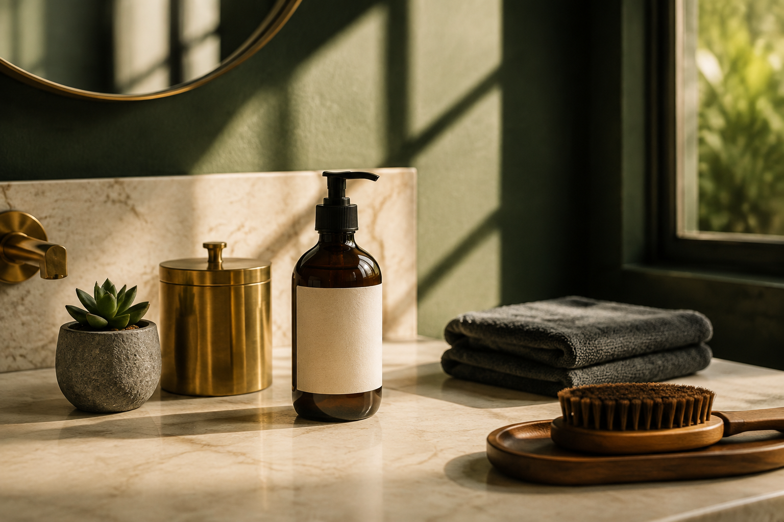 A warm, considered men’s skincare ritual in a forest green bathroom