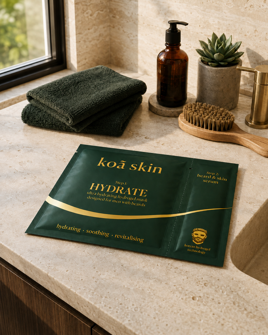 Koã Skin HYDRATE two-step treatment in a warm travertine bathroom
