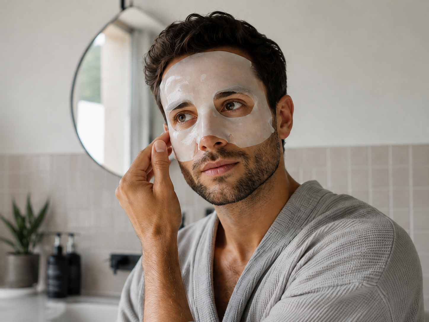 Bearded man applying Koã’s precision-fit upper-face hydrogel mask